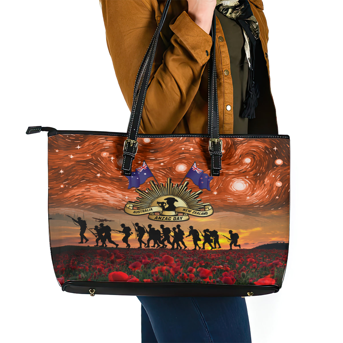 The Rising Sun Badge ANZAC Leather Tote Bag Last Post Field of Poppy Starry Night Style