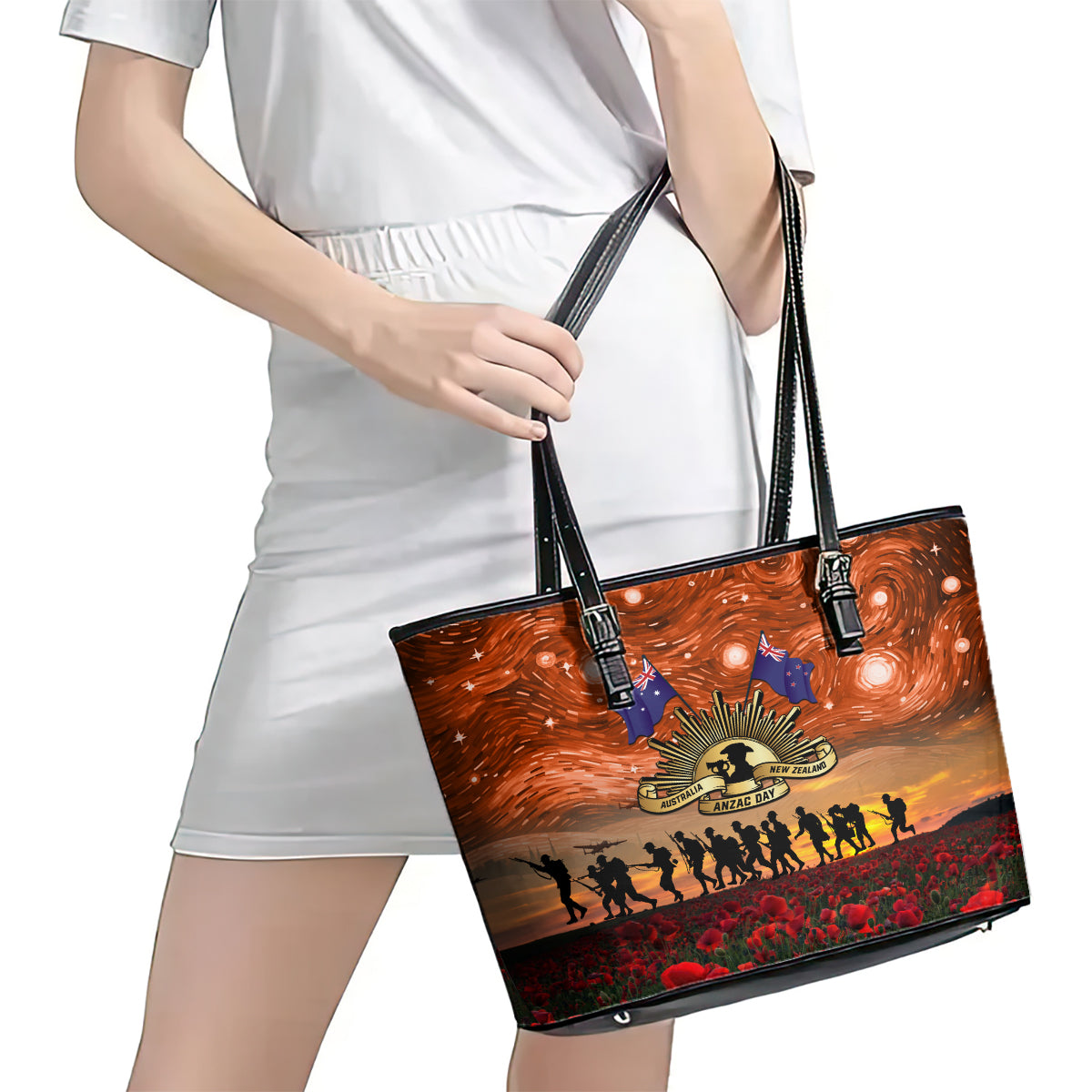 The Rising Sun Badge ANZAC Leather Tote Bag Last Post Field of Poppy Starry Night Style