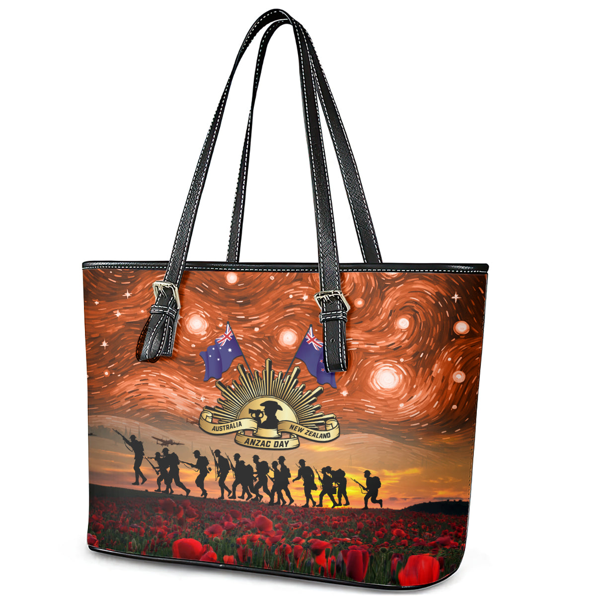 The Rising Sun Badge ANZAC Leather Tote Bag Last Post Field of Poppy Starry Night Style