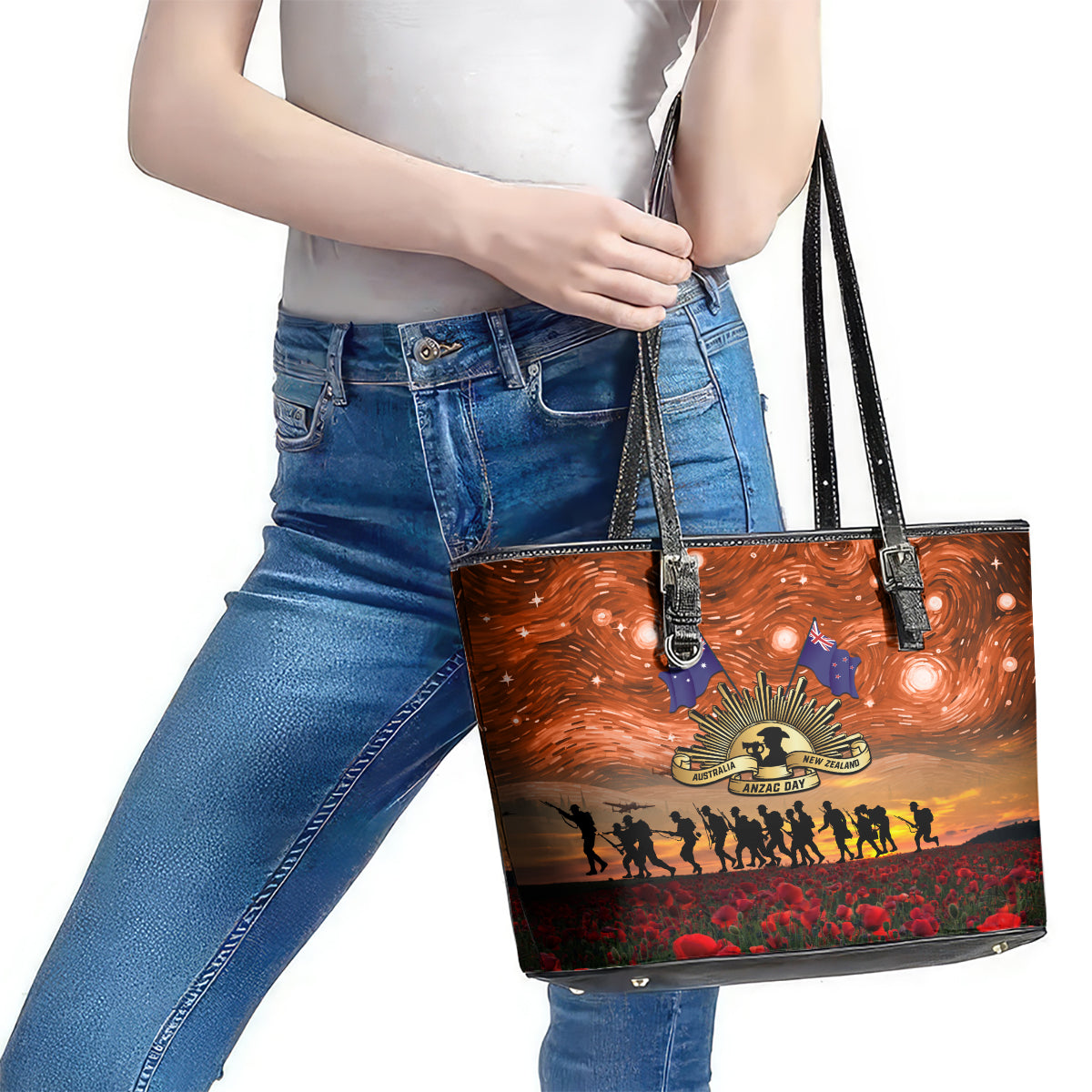 The Rising Sun Badge ANZAC Leather Tote Bag Last Post Field of Poppy Starry Night Style