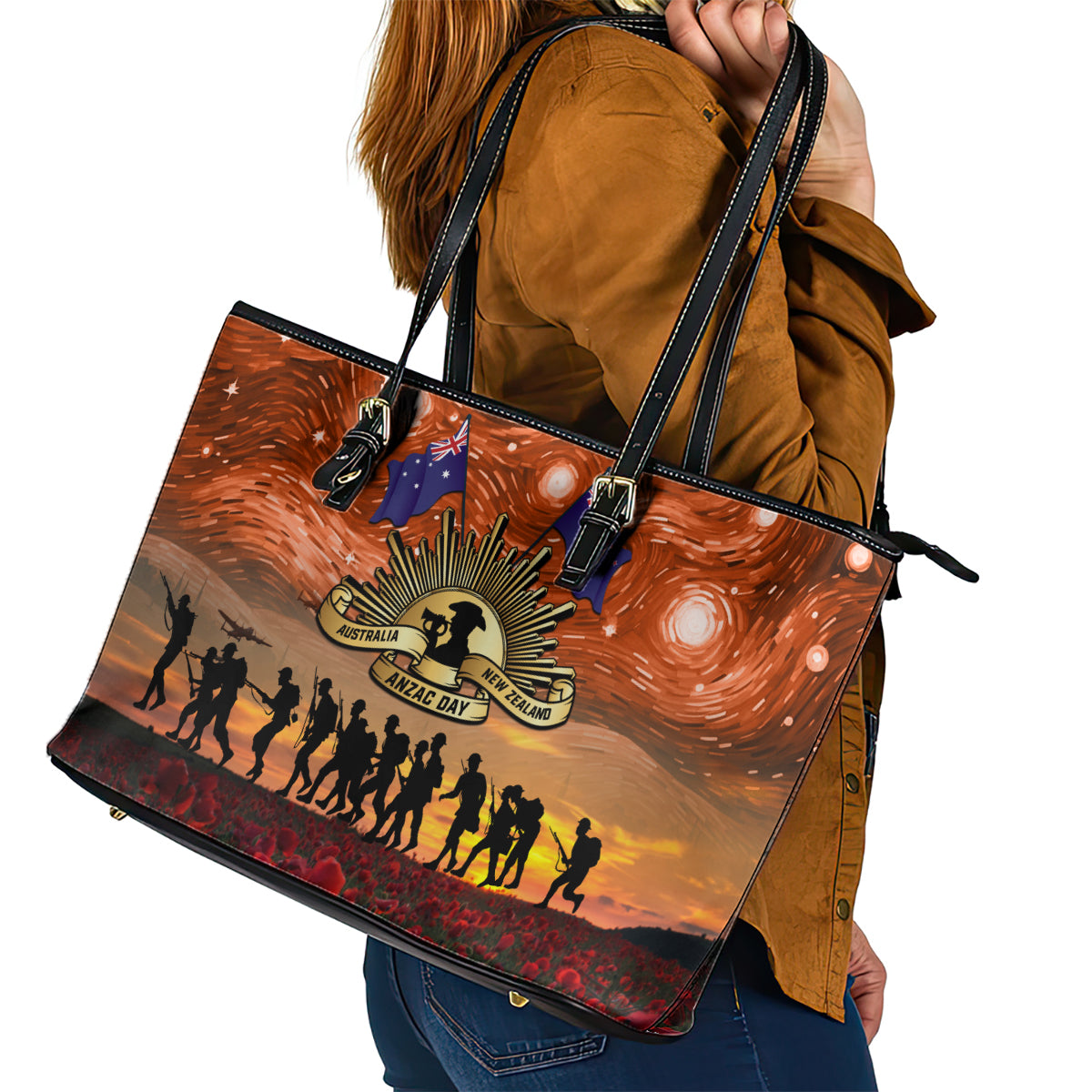 The Rising Sun Badge ANZAC Leather Tote Bag Last Post Field of Poppy Starry Night Style