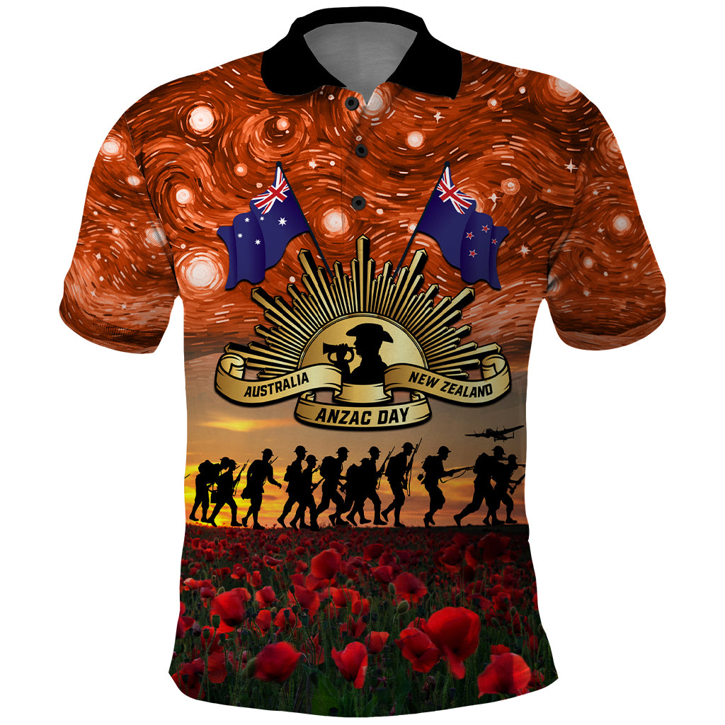 The Rising Sun Badge ANZAC Polo Shirt Last Post Field of Poppy Starry Night Style