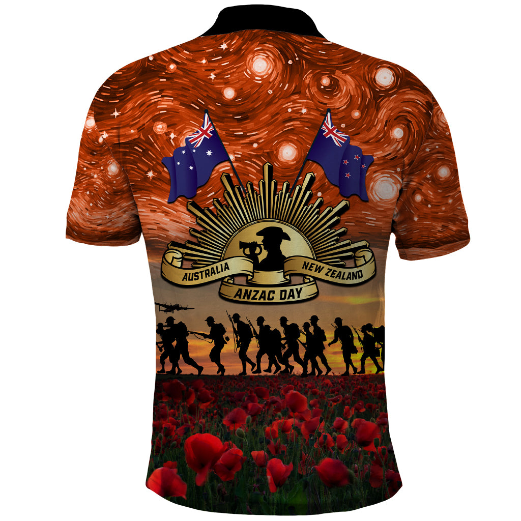 The Rising Sun Badge ANZAC Polo Shirt Last Post Field of Poppy Starry Night Style