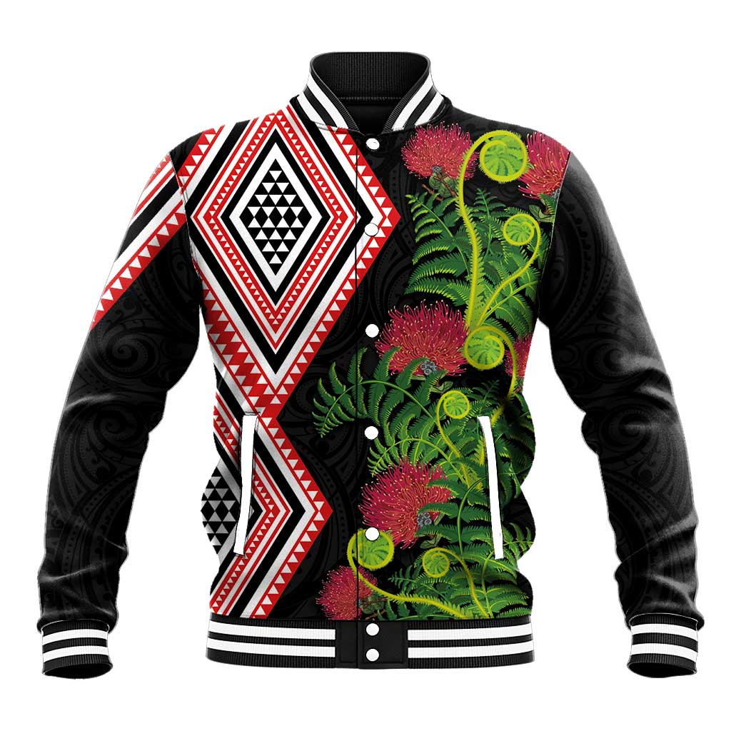 Aotearoa Tukutuku Motif Baseball Jacket Pohutukawa and Fern Leaves