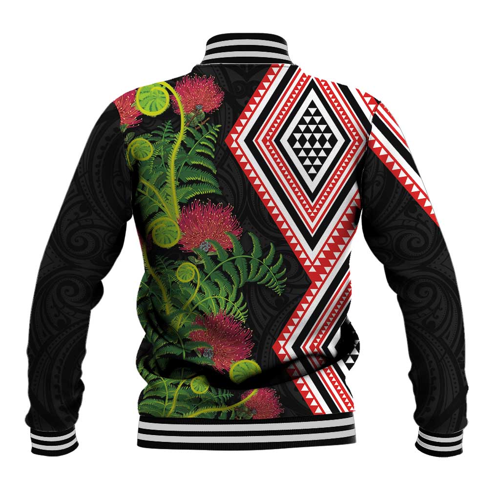 Aotearoa Tukutuku Motif Baseball Jacket Pohutukawa and Fern Leaves