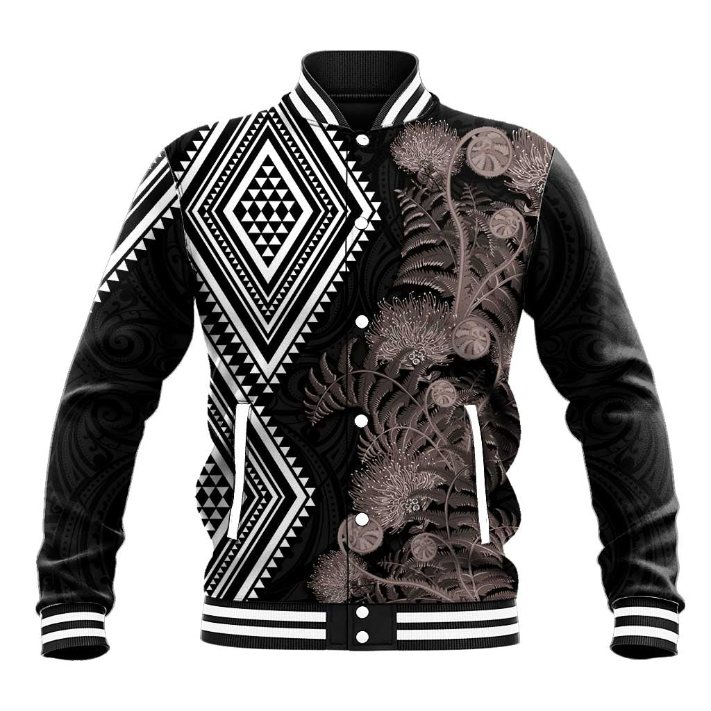 Aotearoa Tukutuku Motif Baseball Jacket Pohutukawa and Fern Leaves Grayscale Color