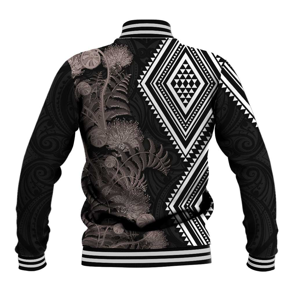 Aotearoa Tukutuku Motif Baseball Jacket Pohutukawa and Fern Leaves Grayscale Color