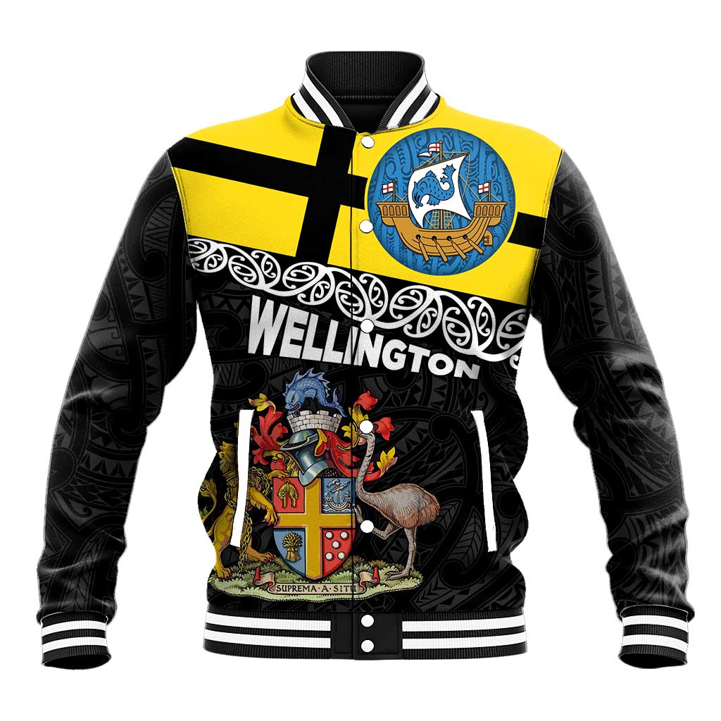 New Zealand Wellington Baseball Jacket The Capital's Emblems Flag and Koru Art