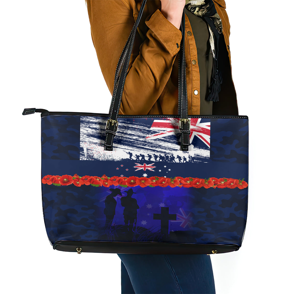 New Zealand and Australia ANZAC Day Leather Tote Bag Lest We Forget Red Poppy Flowers and Soldier