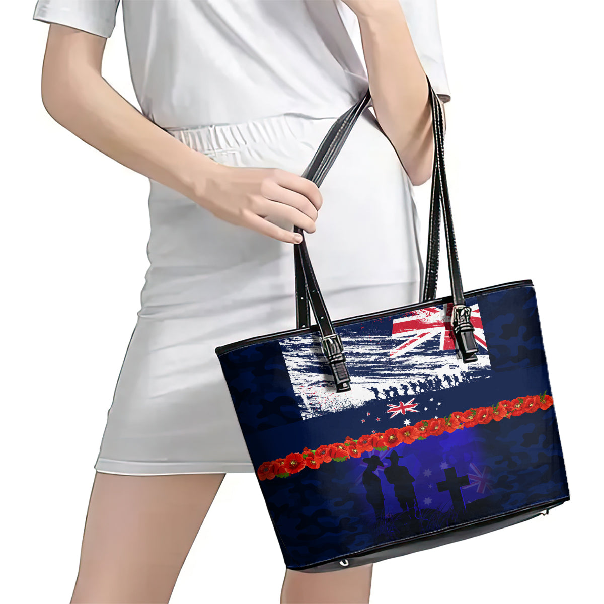 New Zealand and Australia ANZAC Day Leather Tote Bag Lest We Forget Red Poppy Flowers and Soldier