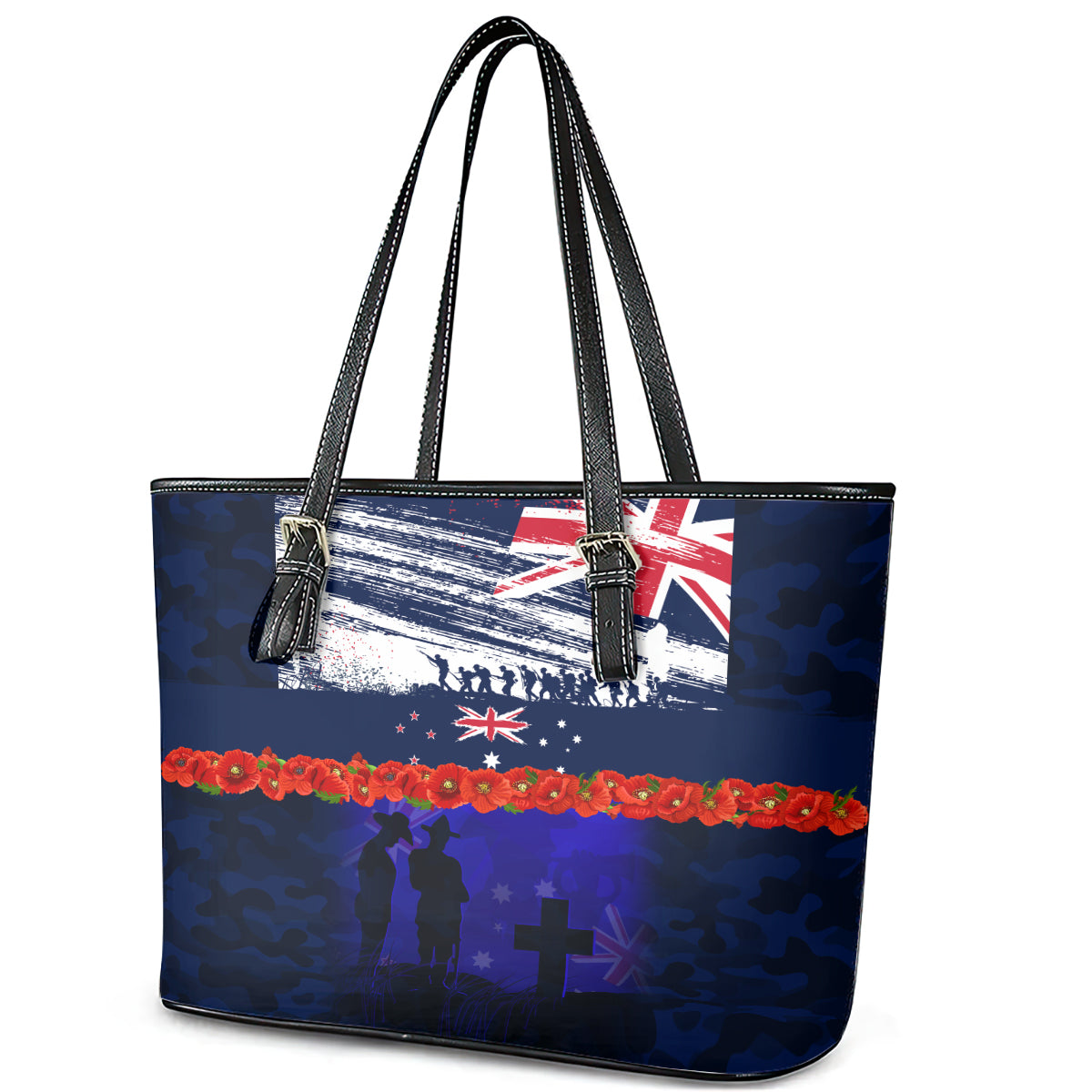 New Zealand and Australia ANZAC Day Leather Tote Bag Lest We Forget Red Poppy Flowers and Soldier