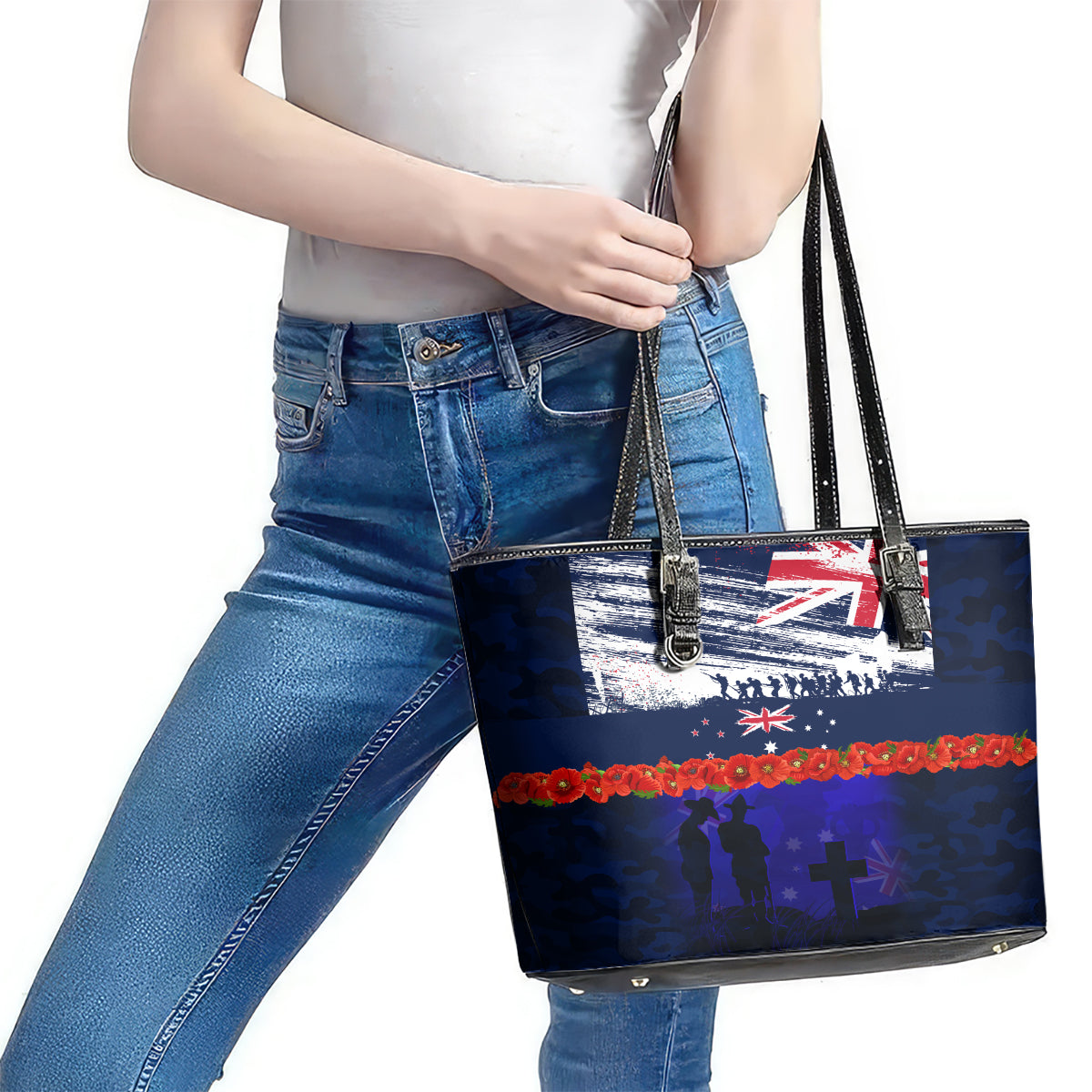 New Zealand and Australia ANZAC Day Leather Tote Bag Lest We Forget Red Poppy Flowers and Soldier