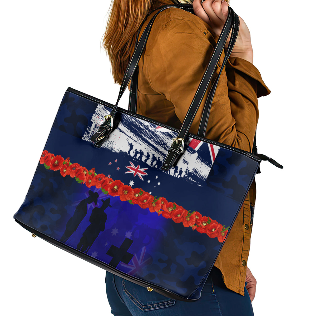 New Zealand and Australia ANZAC Day Leather Tote Bag Lest We Forget Red Poppy Flowers and Soldier