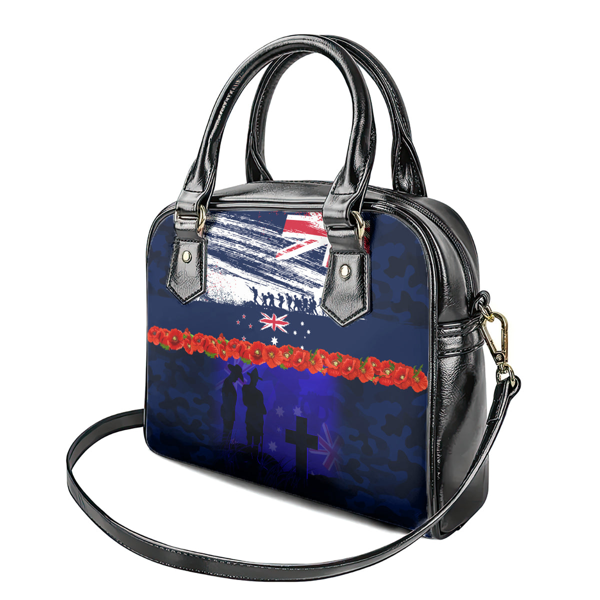 New Zealand and Australia ANZAC Day Shoulder Handbag Lest We Forget Red Poppy Flowers and Soldier