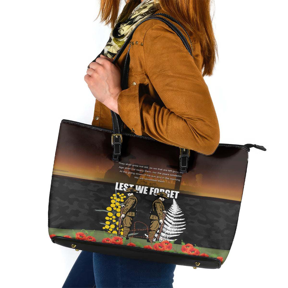 New Zealand and Australia ANZAC Day Leather Tote Bag Soldier and Last Post Camouflage Pattern