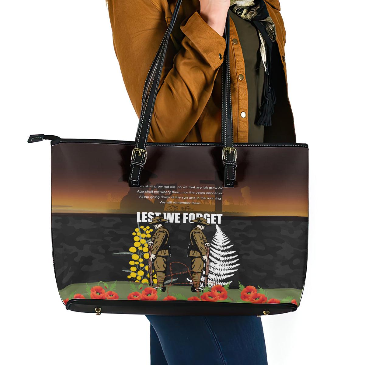 New Zealand and Australia ANZAC Day Leather Tote Bag Soldier and Last Post Camouflage Pattern