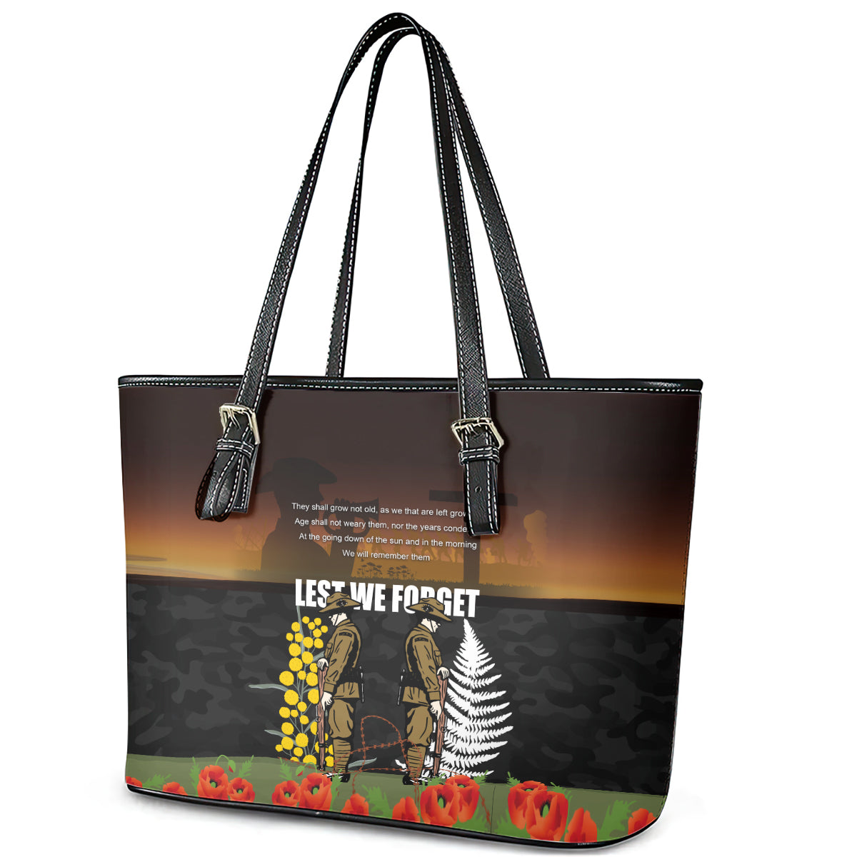 New Zealand and Australia ANZAC Day Leather Tote Bag Soldier and Last Post Camouflage Pattern