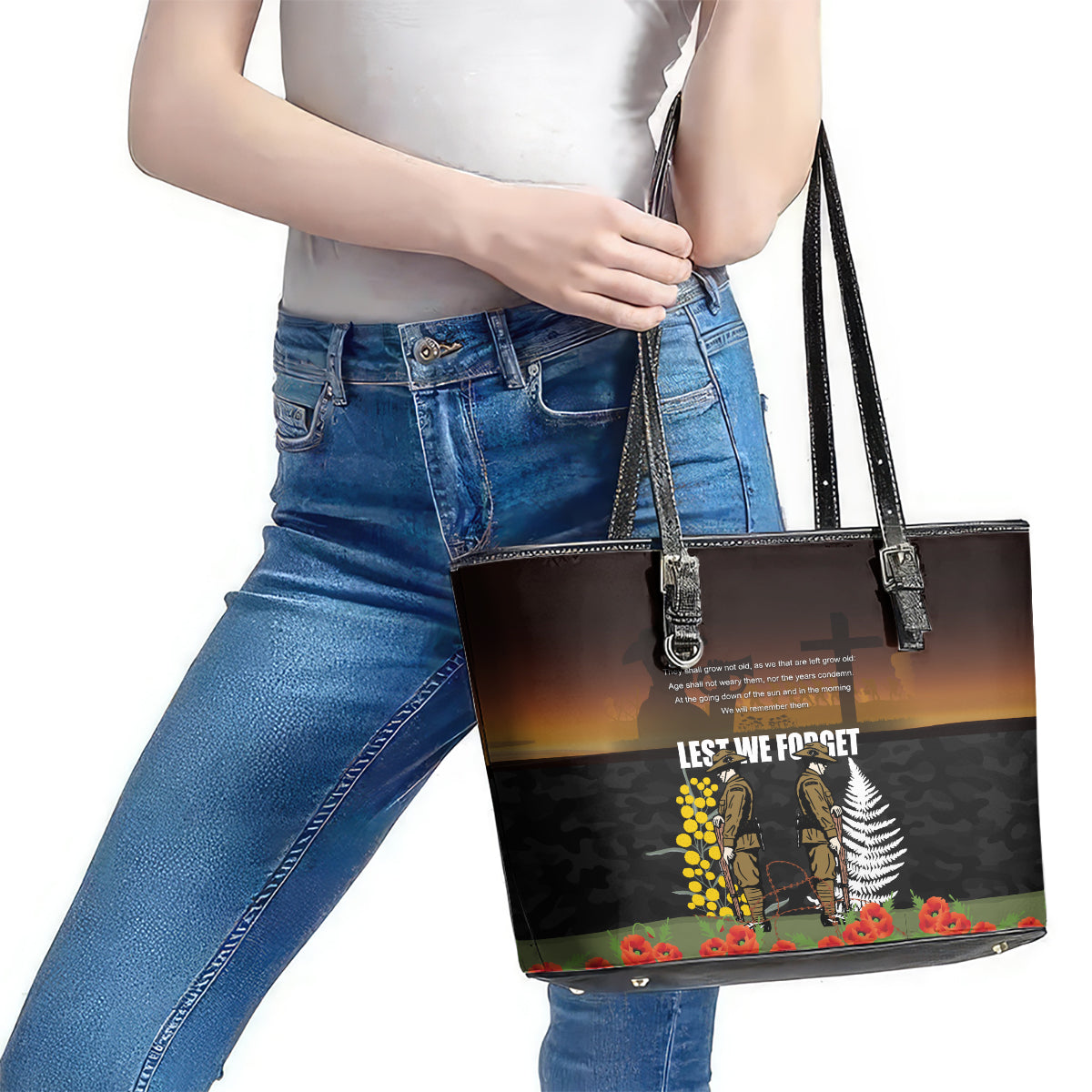 New Zealand and Australia ANZAC Day Leather Tote Bag Soldier and Last Post Camouflage Pattern