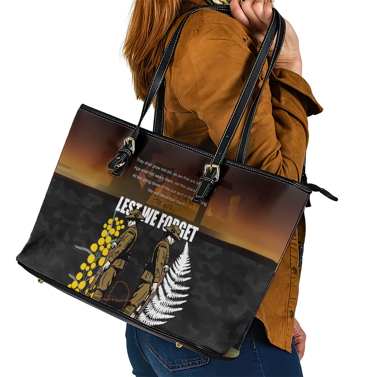 New Zealand and Australia ANZAC Day Leather Tote Bag Soldier and Last Post Camouflage Pattern