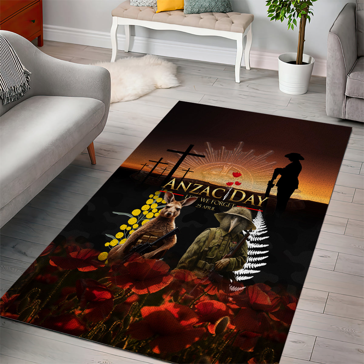 New Zealand and Australia ANZAC Day Area Rug Kiwi Bird and Kangaroo Soldier