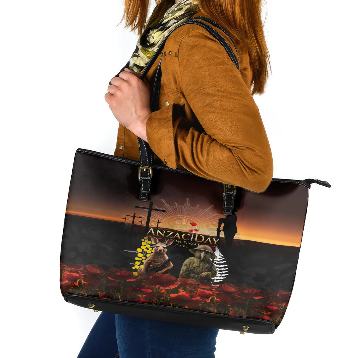 New Zealand and Australia ANZAC Day Leather Tote Bag Kiwi Bird and Kangaroo Soldier