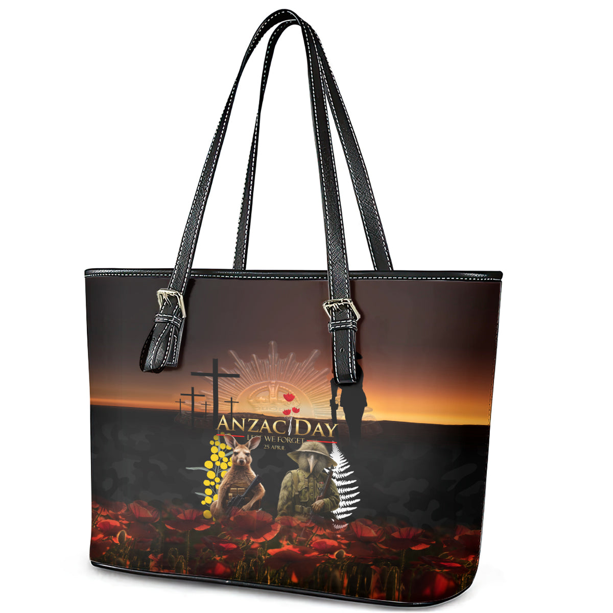 New Zealand and Australia ANZAC Day Leather Tote Bag Kiwi Bird and Kangaroo Soldier