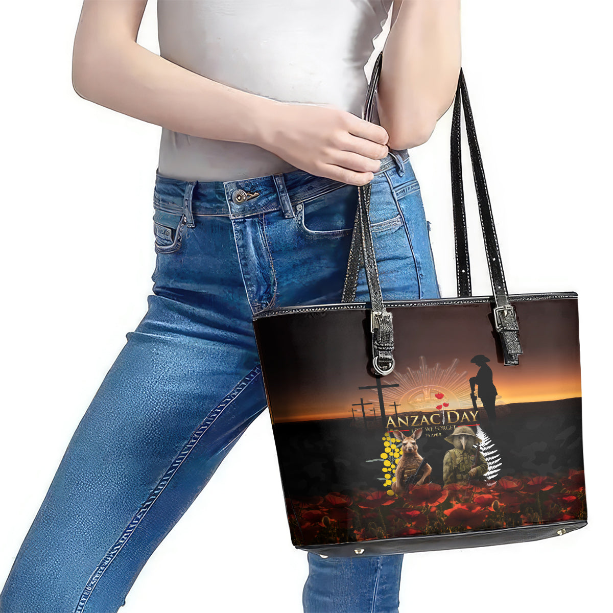 New Zealand and Australia ANZAC Day Leather Tote Bag Kiwi Bird and Kangaroo Soldier