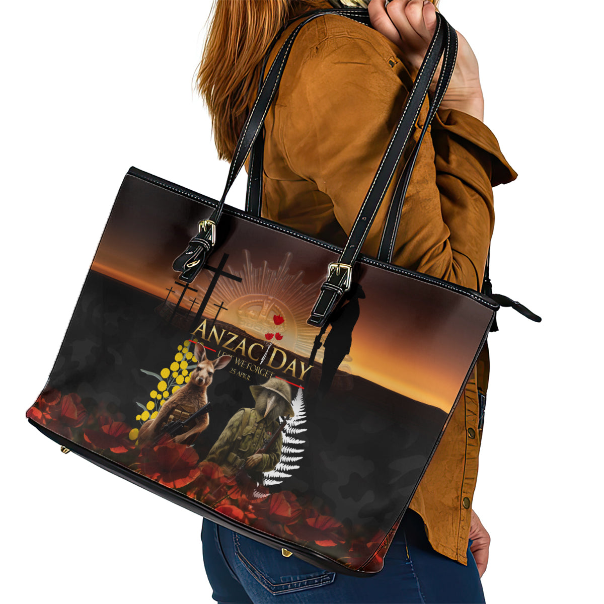 New Zealand and Australia ANZAC Day Leather Tote Bag Kiwi Bird and Kangaroo Soldier