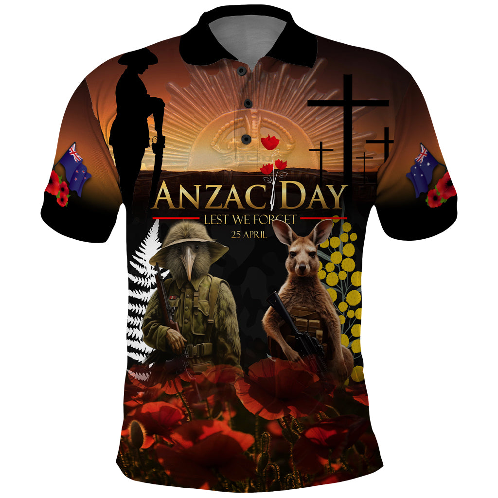 New Zealand and Australia ANZAC Day Polo Shirt Kiwi Bird and Kangaroo Soldier