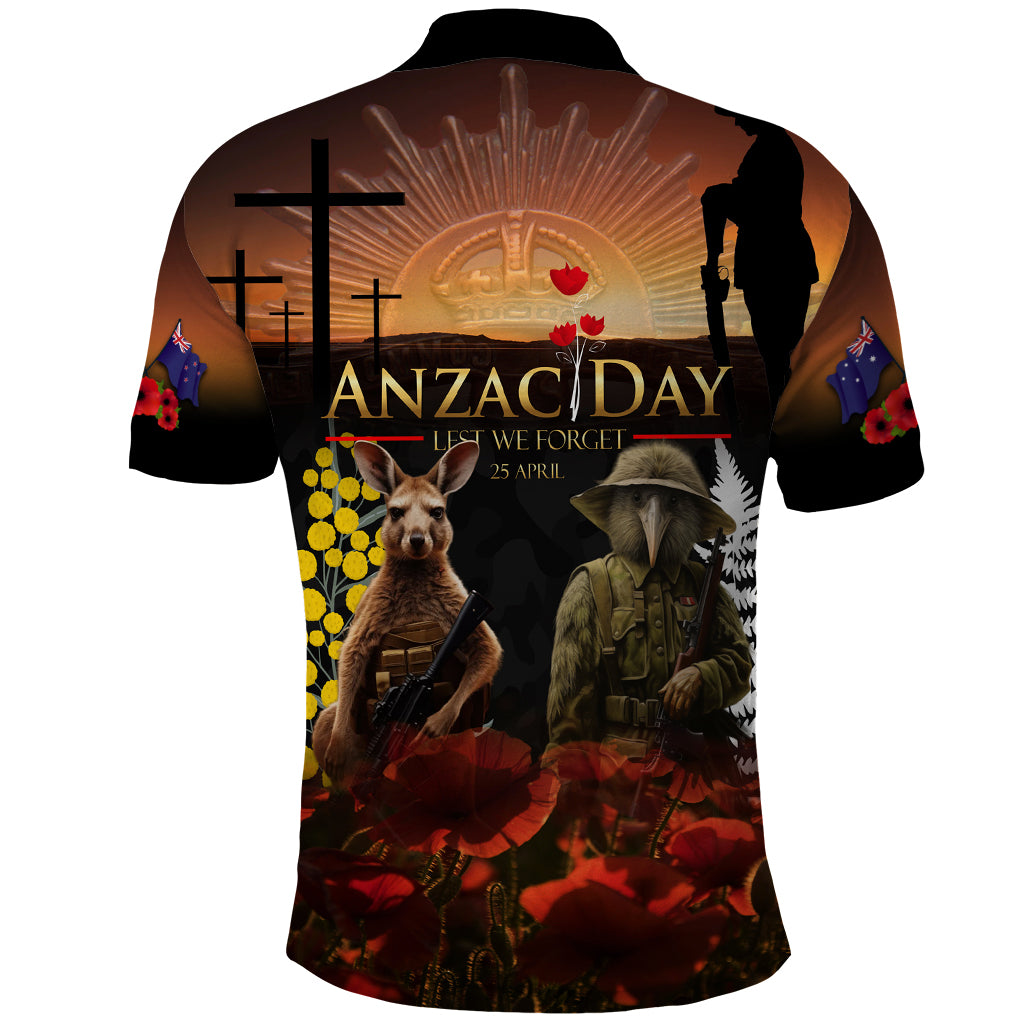 New Zealand and Australia ANZAC Day Polo Shirt Kiwi Bird and Kangaroo Soldier