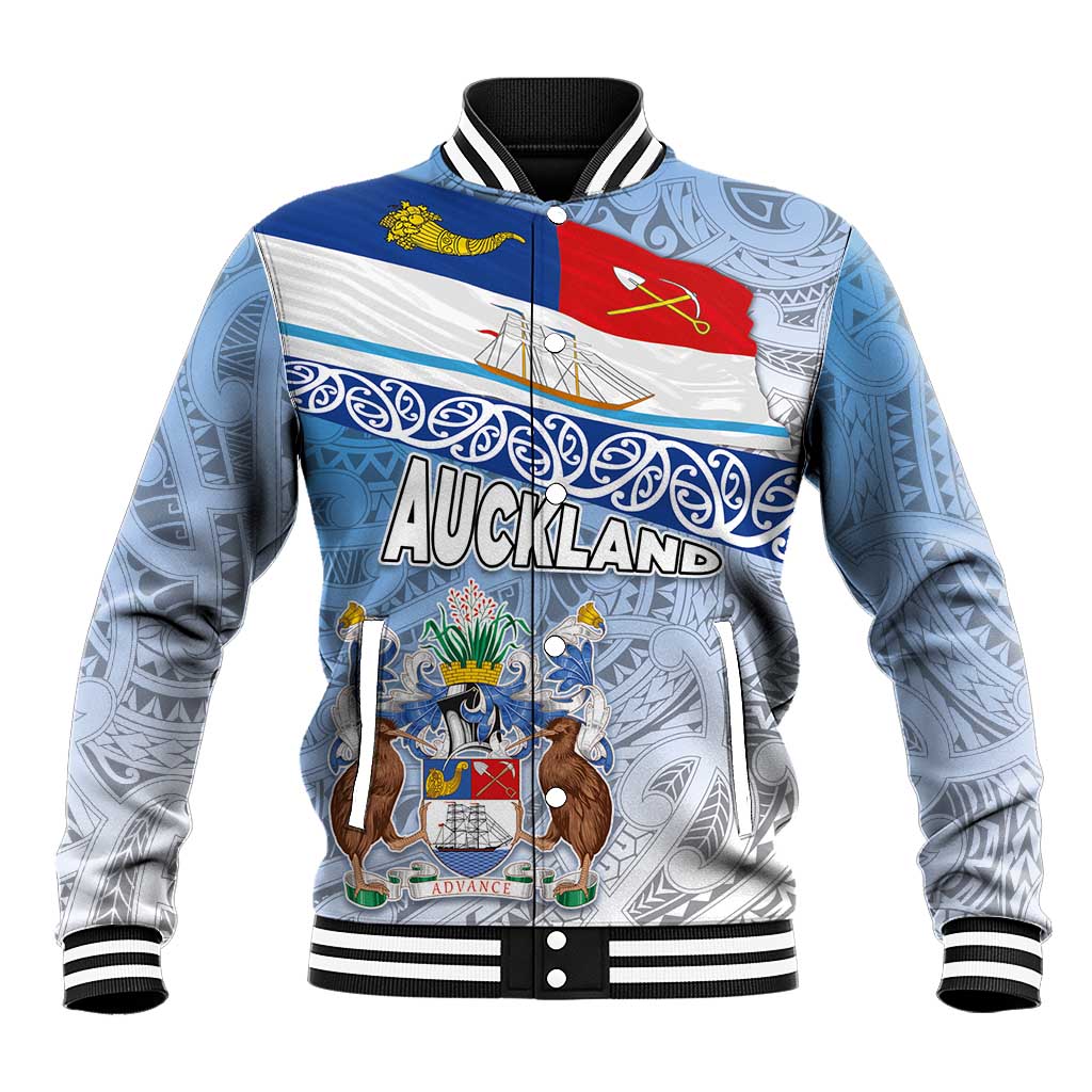 New Zealand Auckland Baseball Jacket Auckland's Flag and Coat of Arms - Koru Art Maori Pattern