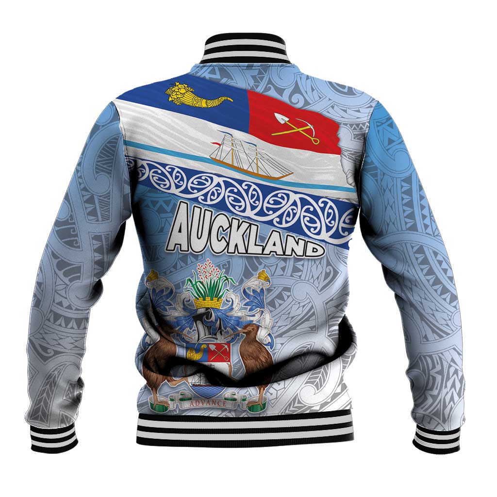 New Zealand Auckland Baseball Jacket Auckland's Flag and Coat of Arms - Koru Art Maori Pattern