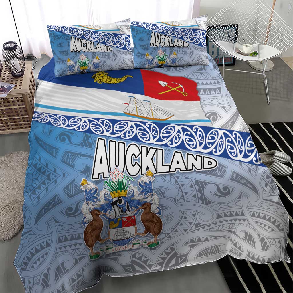 New Zealand Auckland Bedding Set Auckland's Flag and Coat of Arms - Koru Art Maori Pattern