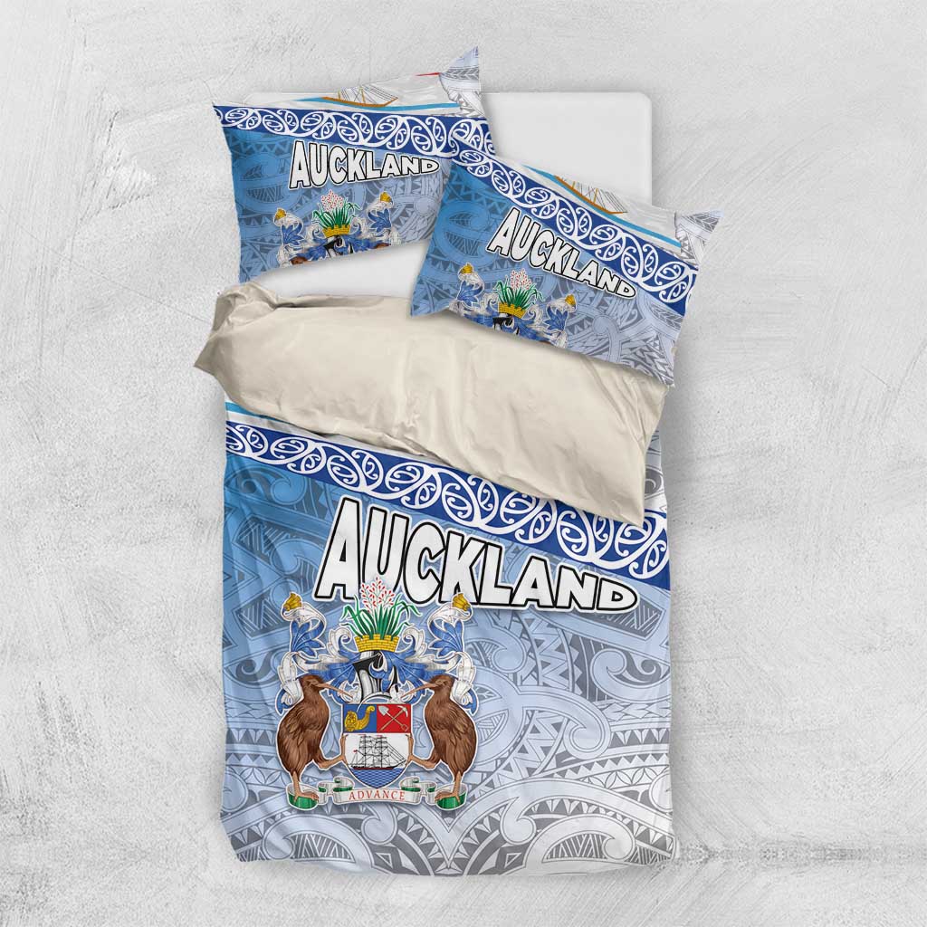 New Zealand Auckland Bedding Set Auckland's Flag and Coat of Arms - Koru Art Maori Pattern