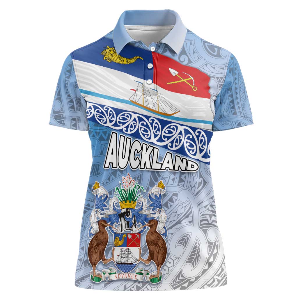 New Zealand Auckland Women Polo Shirt Auckland's Flag and Coat of Arms - Koru Art Maori Pattern