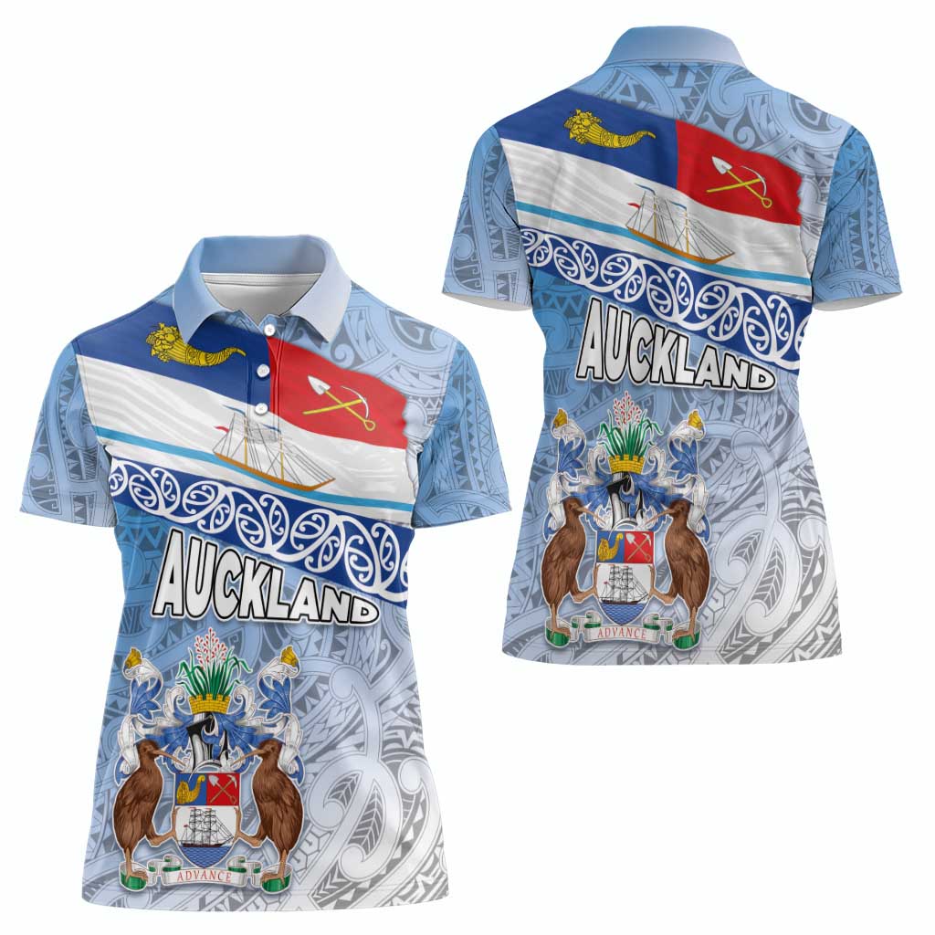 New Zealand Auckland Women Polo Shirt Auckland's Flag and Coat of Arms - Koru Art Maori Pattern