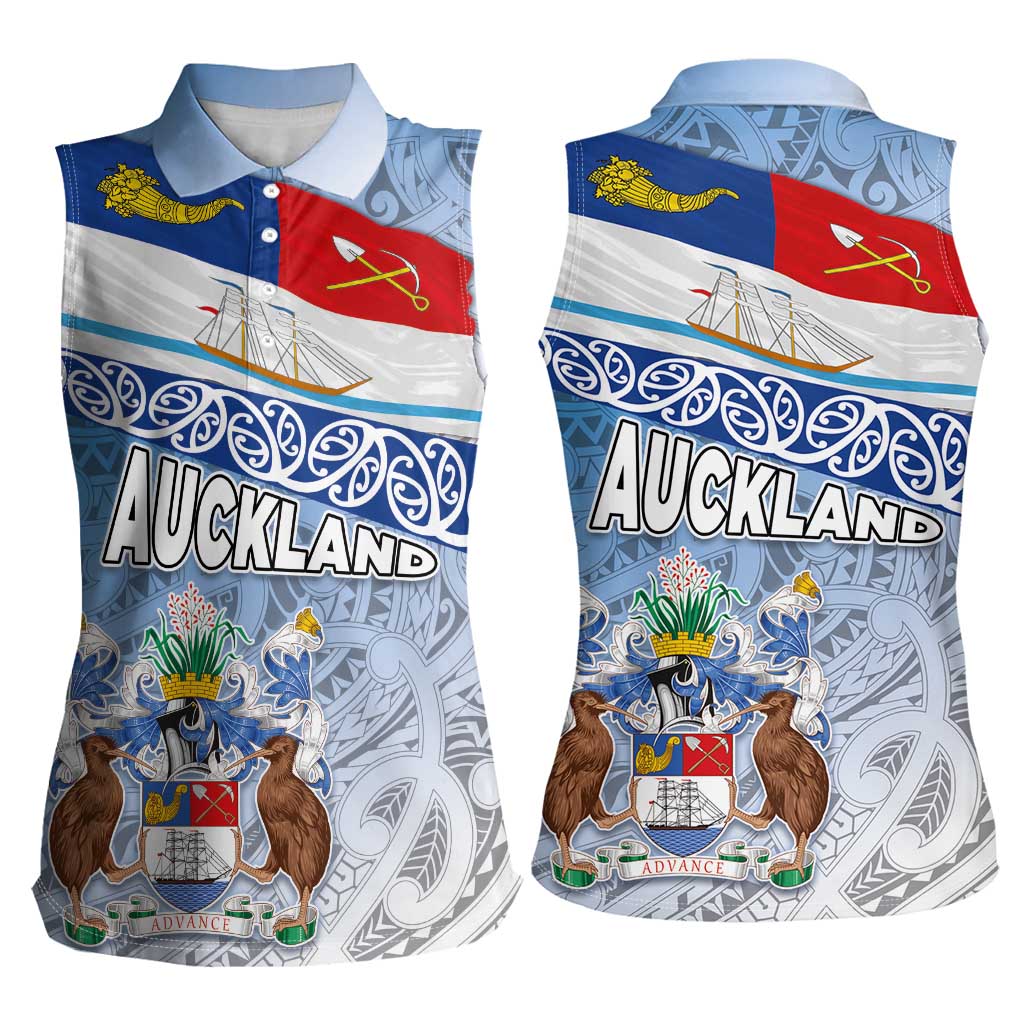 New Zealand Auckland Women Sleeveless Polo Shirt Auckland's Flag and Coat of Arms - Koru Art Maori Pattern