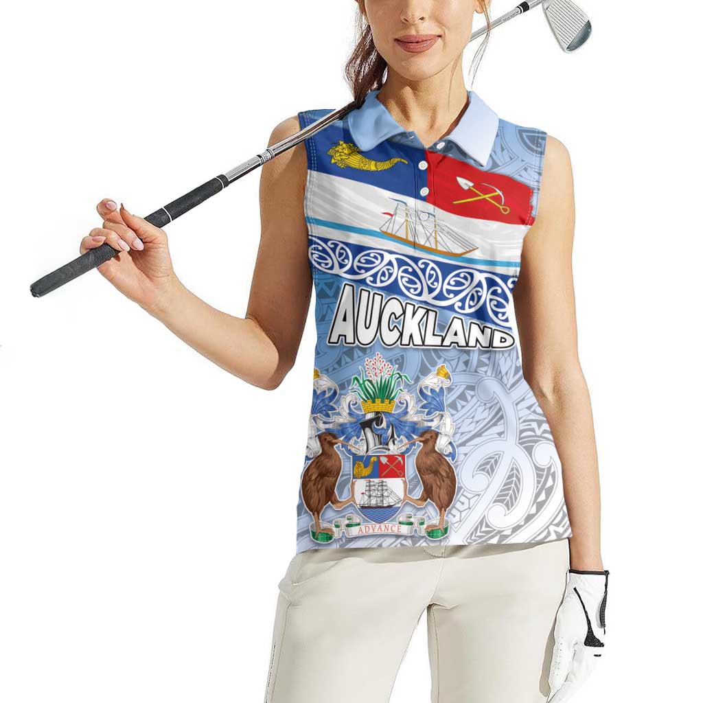 New Zealand Auckland Women Sleeveless Polo Shirt Auckland's Flag and Coat of Arms - Koru Art Maori Pattern