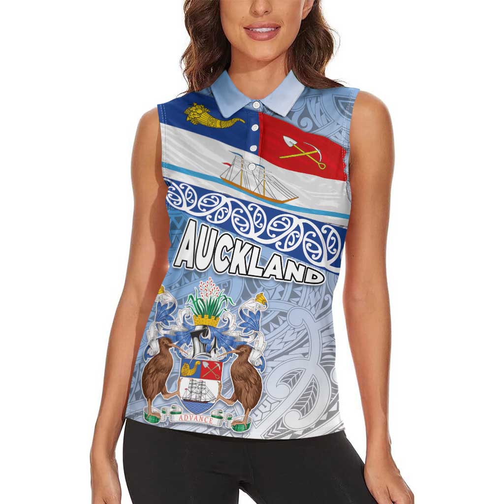 New Zealand Auckland Women Sleeveless Polo Shirt Auckland's Flag and Coat of Arms - Koru Art Maori Pattern