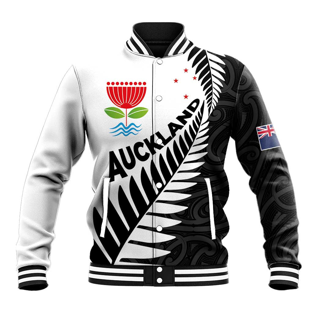 New Zealand Auckland Baseball Jacket Auckland's Emblem and Silver Ferns - Maori Art Tattoo