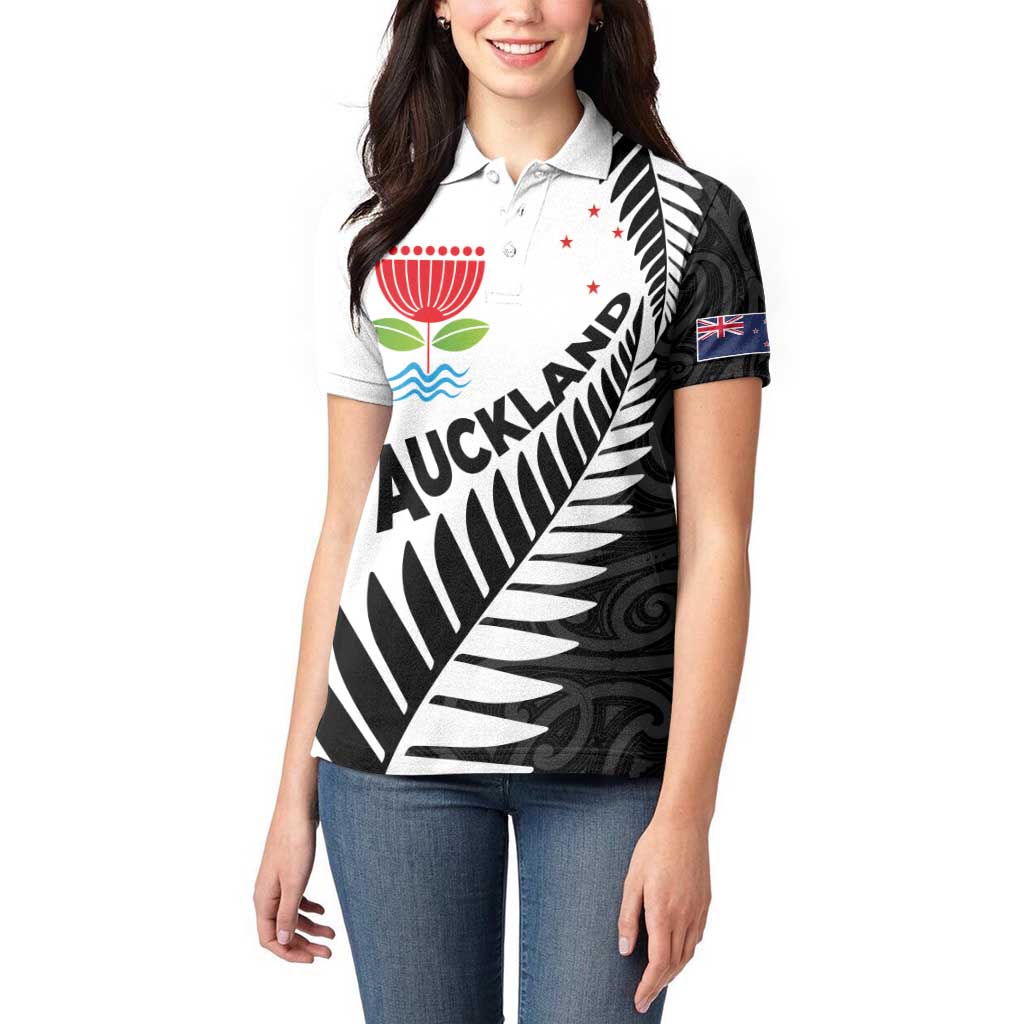 New Zealand Auckland Women Polo Shirt Auckland's Emblem and Silver Ferns - Maori Art Tattoo