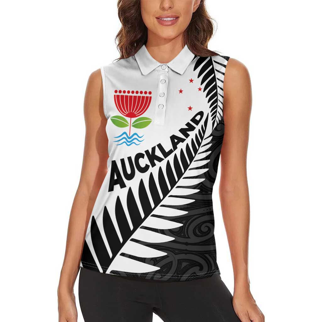 New Zealand Auckland Women Sleeveless Polo Shirt Auckland's Emblem and Silver Ferns - Maori Art Tattoo