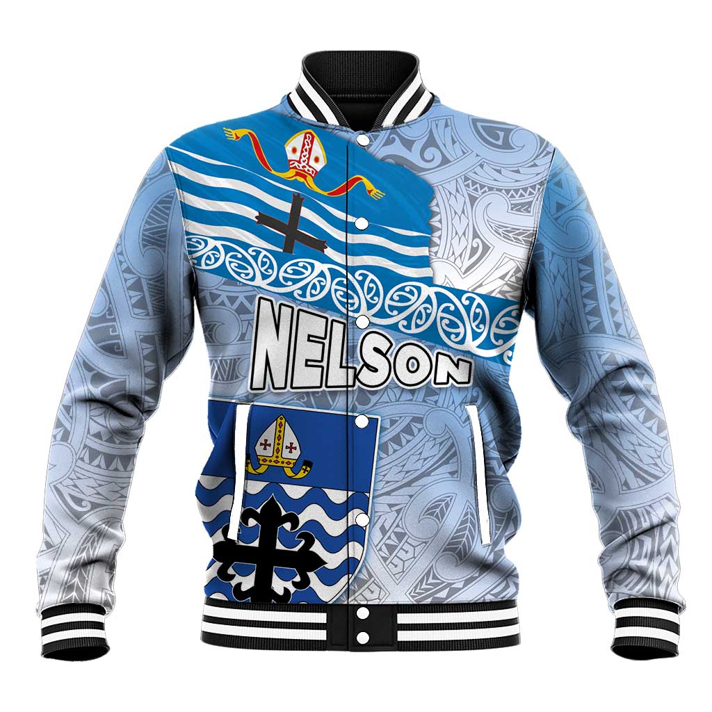 New Zealand Nelson Baseball Jacket Nelson's Flag and Seal - Maori Art Tattoo