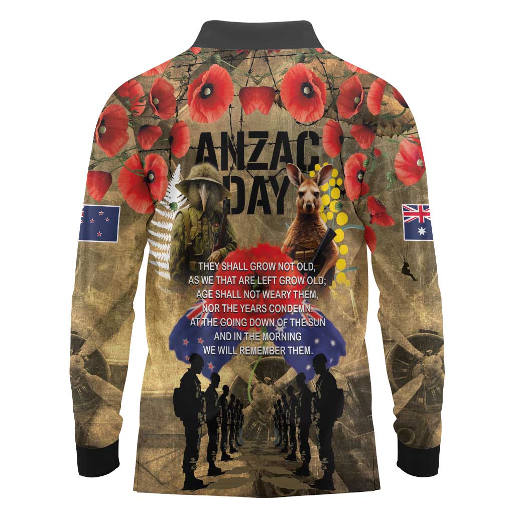 Australia and New Zealand ANZAC Day Long Sleeve Polo Shirt Kangaroo and Kiwi Bird Soldier-Honor and Remember Vintage Style