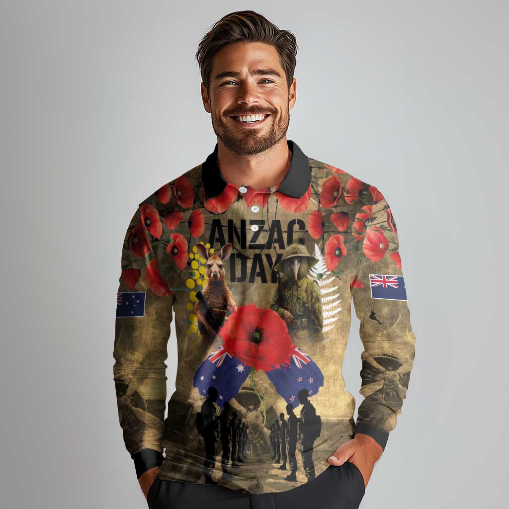 Australia and New Zealand ANZAC Day Long Sleeve Polo Shirt Kangaroo and Kiwi Bird Soldier-Honor and Remember Vintage Style