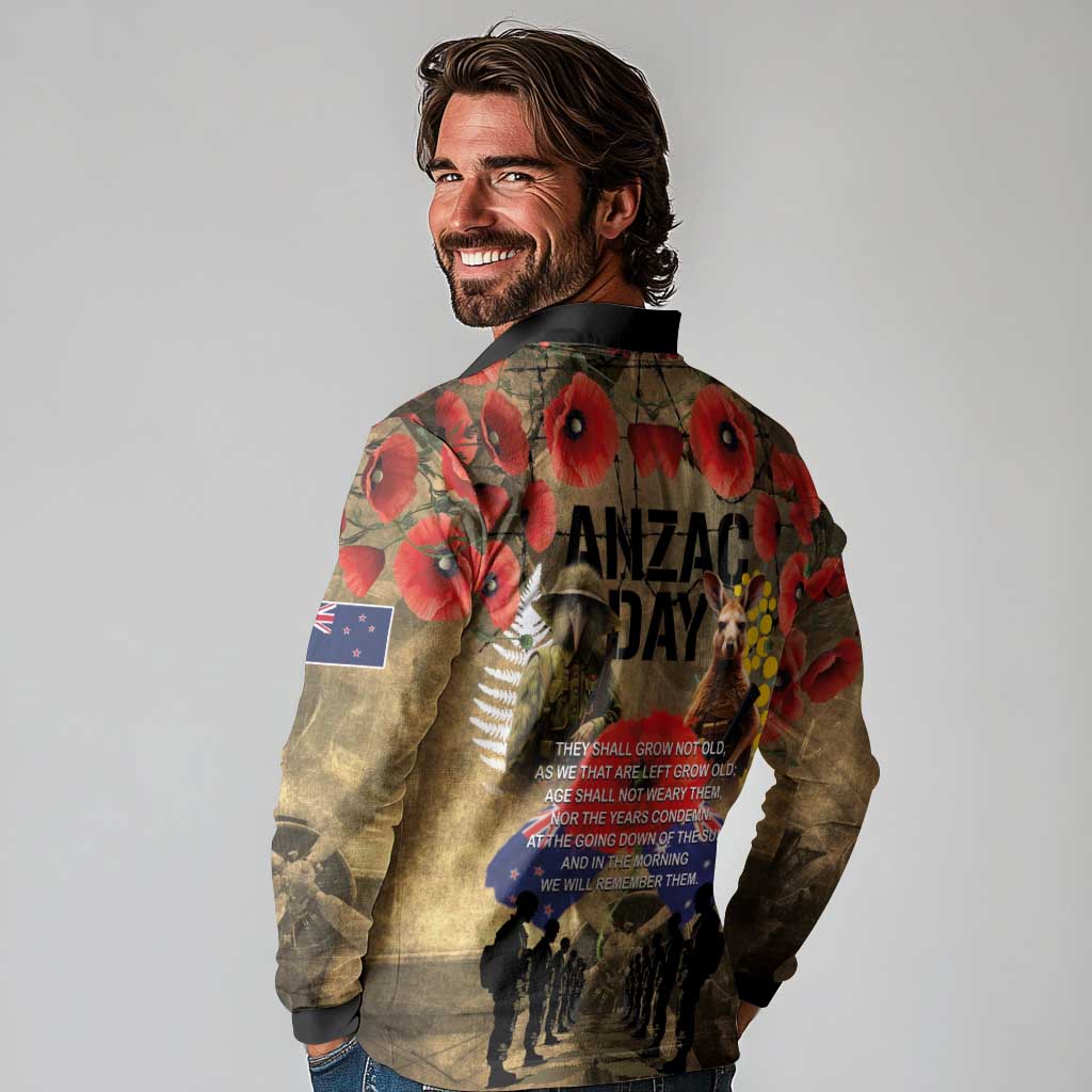 Australia and New Zealand ANZAC Day Long Sleeve Polo Shirt Kangaroo and Kiwi Bird Soldier-Honor and Remember Vintage Style