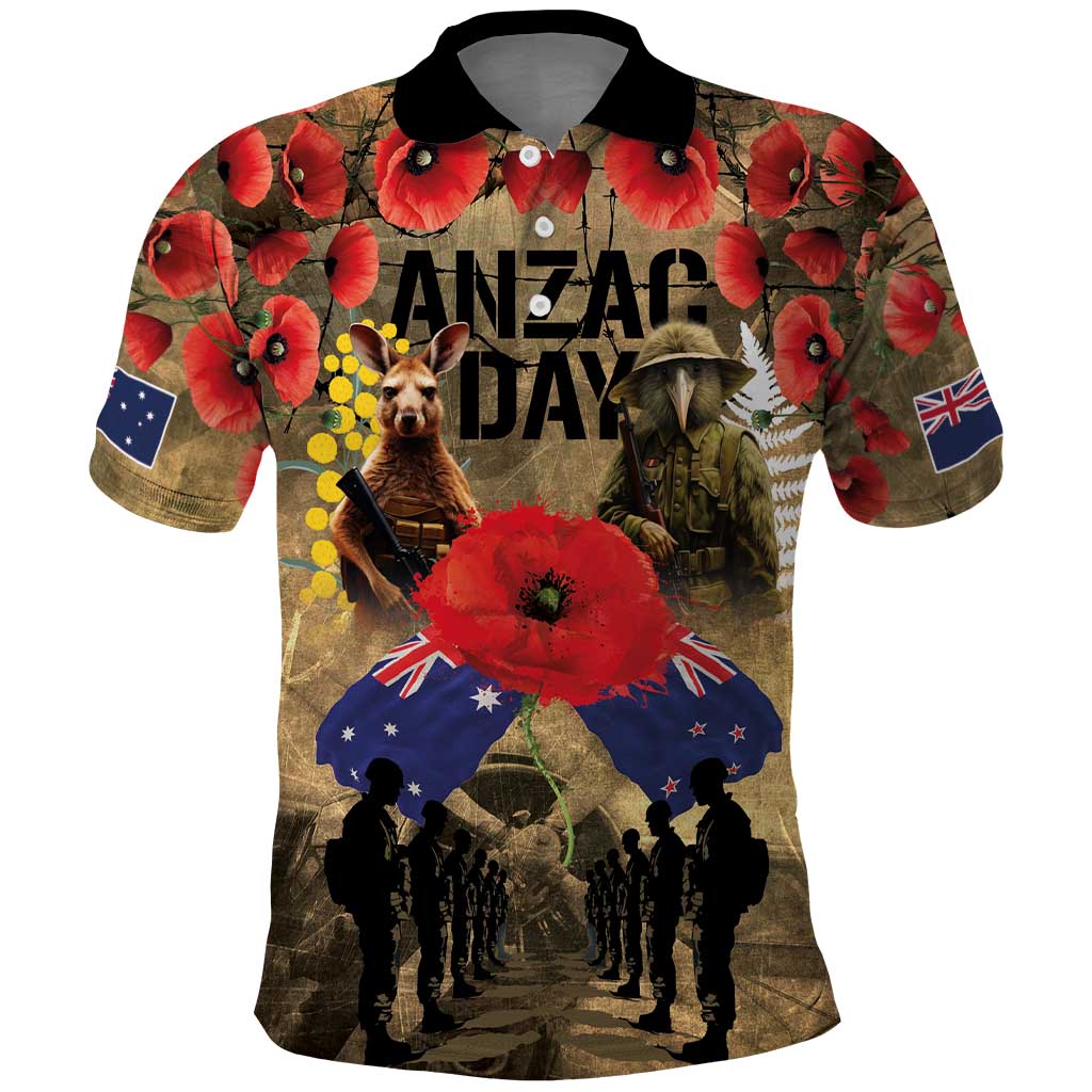 Australia and New Zealand ANZAC Day Polo Shirt Kangaroo and Kiwi Bird Soldier-Honor and Remember Vintage Style