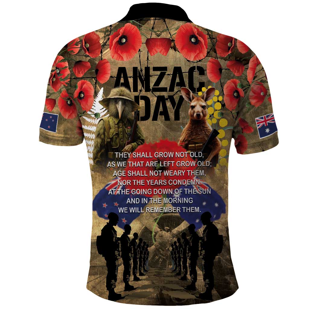 Australia and New Zealand ANZAC Day Polo Shirt Kangaroo and Kiwi Bird Soldier-Honor and Remember Vintage Style