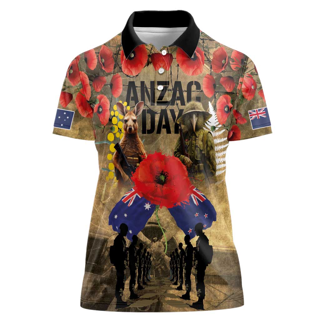 Australia and New Zealand ANZAC Day Women Polo Shirt Kangaroo and Kiwi Bird Soldier-Honor and Remember Vintage Style