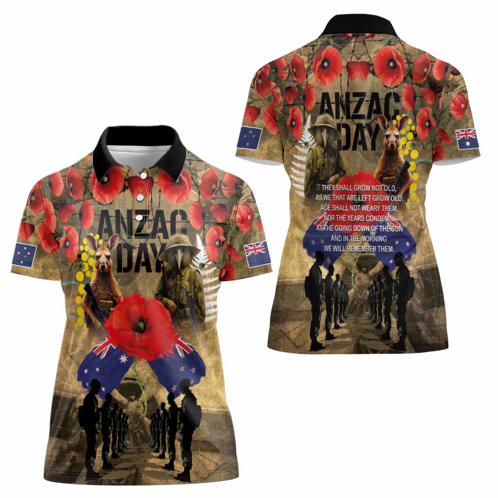 Australia and New Zealand ANZAC Day Women Polo Shirt Kangaroo and Kiwi Bird Soldier-Honor and Remember Vintage Style